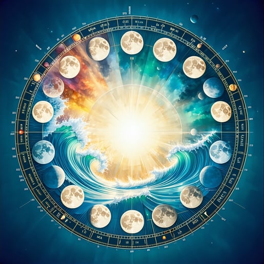 The shared circular calendar is a vibrant and dynamic visual tool intricately designed with the lunar phases elegantly encircling its perimeter symbolizing the natural rhythms of time Intertwined with flowing representations of water currents and rad