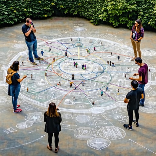 The systems map meticulously sketched in white chalk sprawls across the ground like a living tapestry intricately weaving together the concepts of team community environment and legacy Each section is adorned with vibrant symbols and lines representi