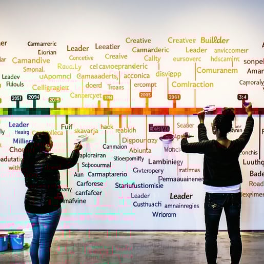 The timeline mural serves as a dynamic canvas where participants engage in a collaborative act of transformation using vibrant colors to cover up old labels that no longer resonate with their identities As they paint empowering new words like Leader