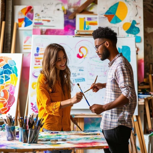 Two individuals working together in a brightly lit, cozy studio space filled with creative tools—canvases, charts, and a whiteboard with brainstormed